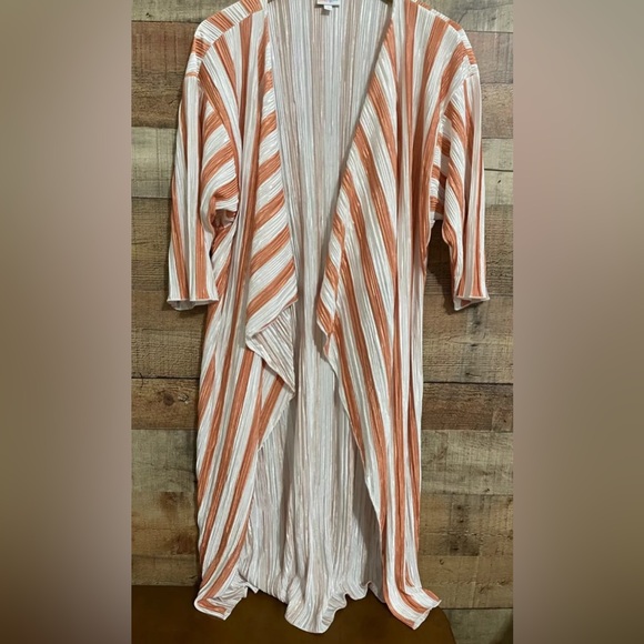 WOMENS COVER KIMONO DUSTER-LULAROE SHIRLEY-POLY-PEACH STRIPES-SIZE-LARGE NWT - Picture 1 of 14
